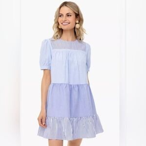 Pomander Place Tuckernuck Quinn Dress Poplin Blue Swing Tiered Coastal- Sz L